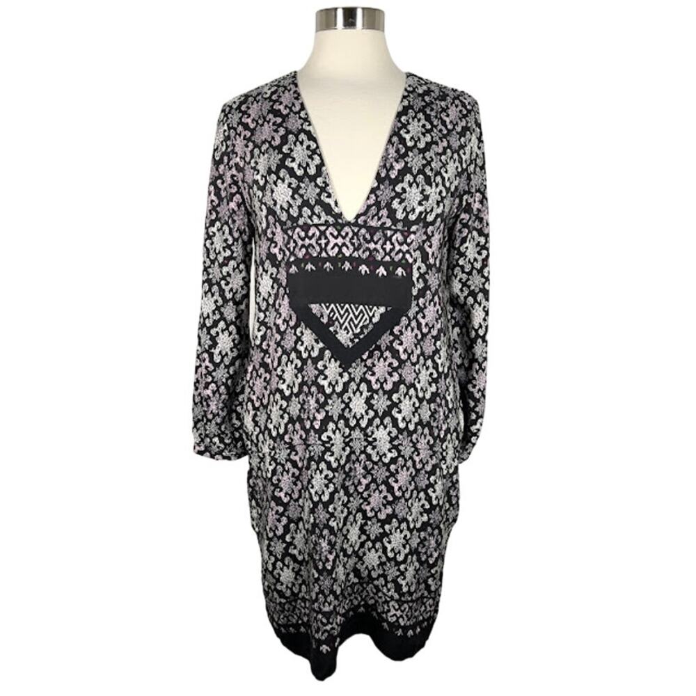 A Common Thread Silk Printed V-Neck Dress L Black White Long Sleeve Boho